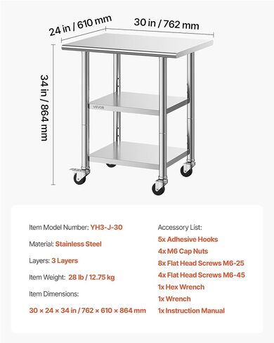VEVOR Stainless Steel Work Table, 24x30 Inch Food Prep Table with 2 Shelves and Wheels, Commercial Kitchen Workstation, Metal Heavy Duty Utility Worktable, for Restaurant Home Hotel Garage Outdoor in Kuwait