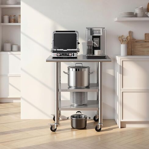 VEVOR Stainless Steel Work Table, 24x30 Inch Food Prep Table with 2 Shelves and Wheels, Commercial Kitchen Workstation, Metal Heavy Duty Utility Worktable, for Restaurant Home Hotel Garage Outdoor in Kuwait