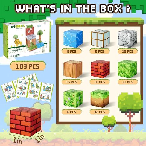 Magnetic Blocks 103PCS 1 inch Magnetic Building Blocks, Magnet Tiles Stacking Cubes Toy for Kids Build Forest World Set, STEM Game Toys for Boys Girls Age 3 4 5 6 7 8 Year Old Christmas Birthday Gifts in Kuwait