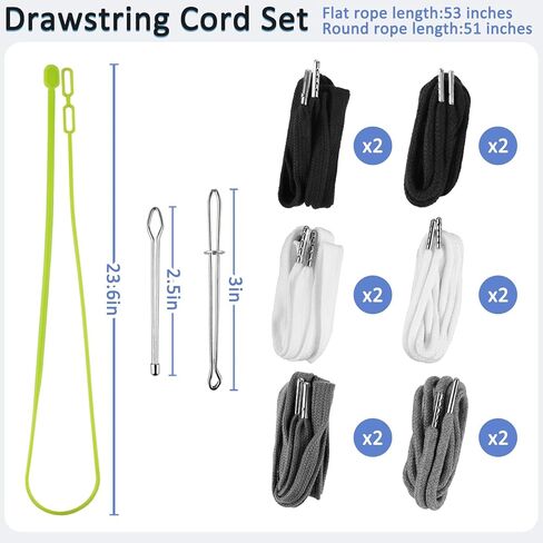 15pcs Drawstring Replacement Kit-6 Round & 6 Flat Replacement Drawstring Cords with Drawstring Threader Tool, Replacement Drawstring Cords for Hoodies, Pants & Clothing, 3 Colors in Kuwait