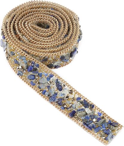 1 M Beaded Trim, 2 CM Width Beaded Ribbon, Rhinestone Trim, for Hat, Clothes, Wedding Dress, Blue Gold Rice Beads Gold Chain in Kuwait