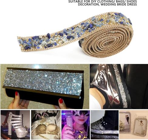 1 M Beaded Trim, 2 CM Width Beaded Ribbon, Rhinestone Trim, for Hat, Clothes, Wedding Dress, Blue Gold Rice Beads Gold Chain in Kuwait