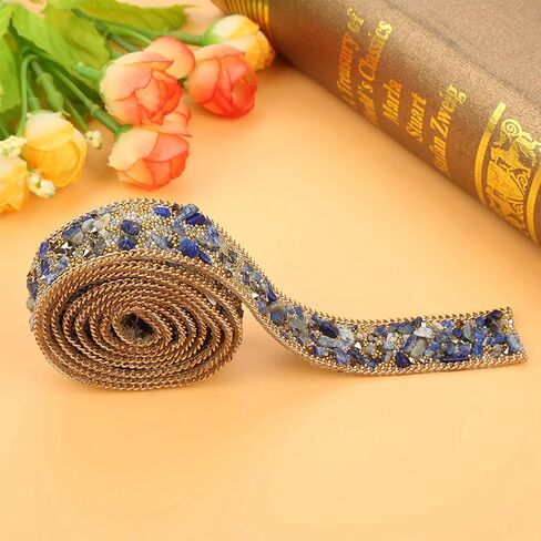 1 M Beaded Trim, 2 CM Width Beaded Ribbon, Rhinestone Trim, for Hat, Clothes, Wedding Dress, Blue Gold Rice Beads Gold Chain in Kuwait
