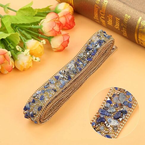 1 M Beaded Trim, 2 CM Width Beaded Ribbon, Rhinestone Trim, for Hat, Clothes, Wedding Dress, Blue Gold Rice Beads Gold Chain in Kuwait