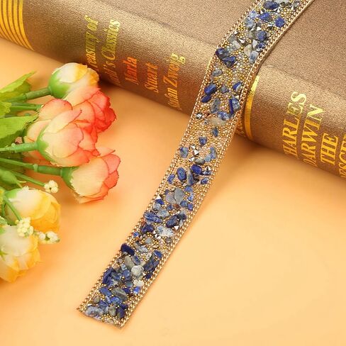 1 M Beaded Trim, 2 CM Width Beaded Ribbon, Rhinestone Trim, for Hat, Clothes, Wedding Dress, Blue Gold Rice Beads Gold Chain in Kuwait