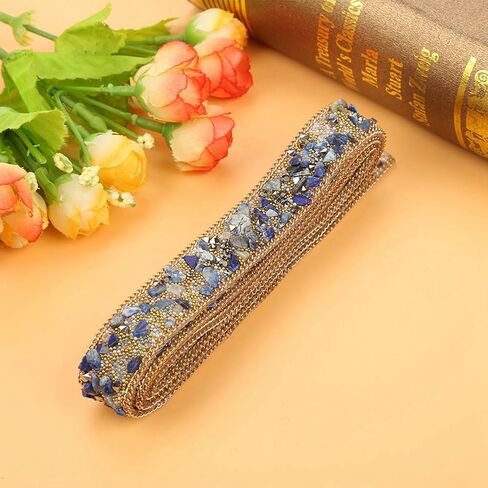 1 M Beaded Trim, 2 CM Width Beaded Ribbon, Rhinestone Trim, for Hat, Clothes, Wedding Dress, Blue Gold Rice Beads Gold Chain in Kuwait