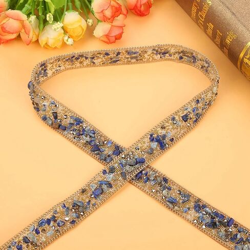 1 M Beaded Trim, 2 CM Width Beaded Ribbon, Rhinestone Trim, for Hat, Clothes, Wedding Dress, Blue Gold Rice Beads Gold Chain in Kuwait