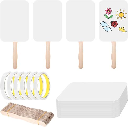 50 Sets DIY Church Fans Kit, Handmade Craft Paper Fans Making Supplies Include Wooden Handles, Blank Cardstock & Adhesive Tape, for Wedding, Graduation, Church Events, Party (White, 11 x 8.3 Inches) in Kuwait