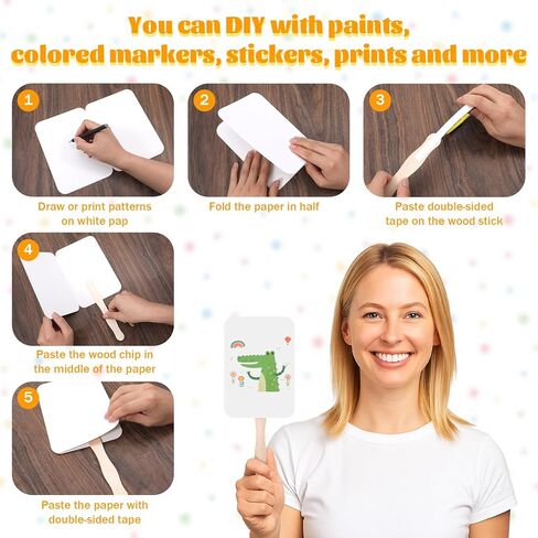 50 Sets DIY Church Fans Kit, Handmade Craft Paper Fans Making Supplies Include Wooden Handles, Blank Cardstock & Adhesive Tape, for Wedding, Graduation, Church Events, Party (White, 11 x 8.3 Inches) in Kuwait