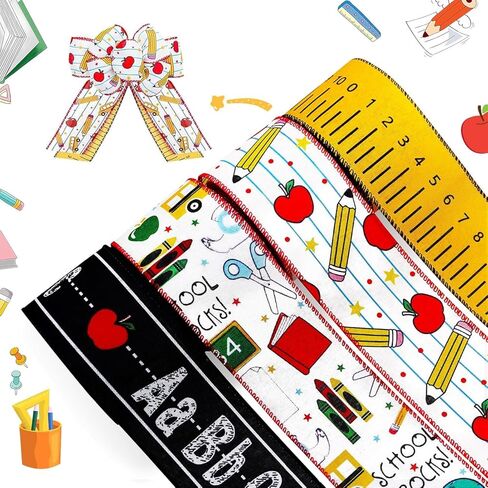 4 Rolls Back to School Ribbon,ABC、Pencil、Apple、Yellow Ruler Ribbon,2.5 Inch 20 Yards Fabric Wrapping Ribbons for Bow Wreath Party Home Decor in Kuwait