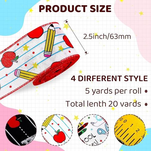 4 Rolls Back to School Ribbon,ABC、Pencil、Apple、Yellow Ruler Ribbon,2.5 Inch 20 Yards Fabric Wrapping Ribbons for Bow Wreath Party Home Decor in Kuwait