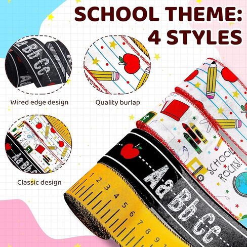 4 Rolls Back to School Ribbon,ABC、Pencil、Apple、Yellow Ruler Ribbon,2.5 Inch 20 Yards Fabric Wrapping Ribbons for Bow Wreath Party Home Decor in Kuwait