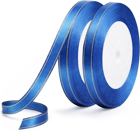 شريط أزرق بطول 50 ياردة 1/4 شرائط زرقاء بحواف ذهبية، شريط ساتان أزرق ملكي مزدوج الوجه لتغليف الهدايا، وأقواس الشعر، وخياطة الحرف اليدوية، وباقات الزهور، وعيد الميلاد in Kuwait