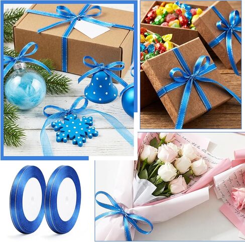شريط أزرق بطول 50 ياردة 1/4 شرائط زرقاء بحواف ذهبية، شريط ساتان أزرق ملكي مزدوج الوجه لتغليف الهدايا، وأقواس الشعر، وخياطة الحرف اليدوية، وباقات الزهور، وعيد الميلاد in Kuwait