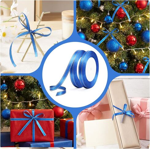 شريط أزرق بطول 50 ياردة 1/4 شرائط زرقاء بحواف ذهبية، شريط ساتان أزرق ملكي مزدوج الوجه لتغليف الهدايا، وأقواس الشعر، وخياطة الحرف اليدوية، وباقات الزهور، وعيد الميلاد in Kuwait