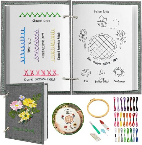 Kenburg Beginners Embroidery Stitch Book, DIY Needlepoint Kits Comes with a Complete Tool Kit, Instructional Tutorial and 6x8 Inch Removable Practice Patterns, Gifts for Craft Lovers, Mom, Women in Kuwait