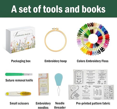 Kenburg Beginners Embroidery Stitch Book, DIY Needlepoint Kits Comes with a Complete Tool Kit, Instructional Tutorial and 6x8 Inch Removable Practice Patterns, Gifts for Craft Lovers, Mom, Women in Kuwait