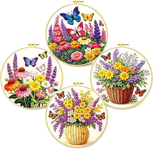 Zhenqing Butterfly Flower Embroidery Kit 4 Pack, Beginner Floral Craft Set with 20cm Hoop, Printed Patterns on 29x29cm Cotton Fabric, DIY Nature Design (JC0083) in Kuwait