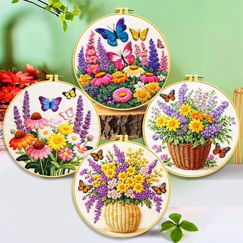 Zhenqing Butterfly Flower Embroidery Kit 4 Pack, Beginner Floral Craft Set with 20cm Hoop, Printed Patterns on 29x29cm Cotton Fabric, DIY Nature Design (JC0083) in Kuwait