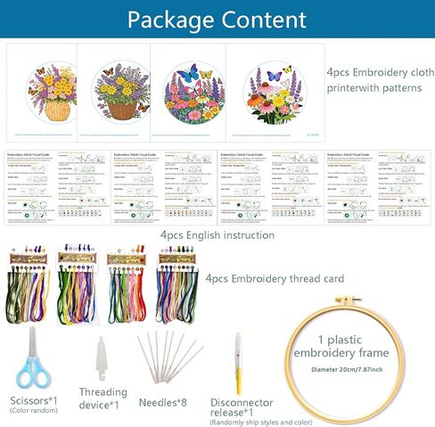 Zhenqing Butterfly Flower Embroidery Kit 4 Pack, Beginner Floral Craft Set with 20cm Hoop, Printed Patterns on 29x29cm Cotton Fabric, DIY Nature Design (JC0083) in Kuwait