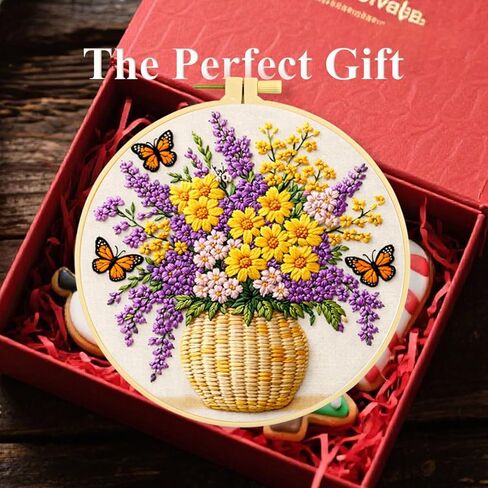 Zhenqing Butterfly Flower Embroidery Kit 4 Pack, Beginner Floral Craft Set with 20cm Hoop, Printed Patterns on 29x29cm Cotton Fabric, DIY Nature Design (JC0083) in Kuwait