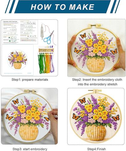 Zhenqing Butterfly Flower Embroidery Kit 4 Pack, Beginner Floral Craft Set with 20cm Hoop, Printed Patterns on 29x29cm Cotton Fabric, DIY Nature Design (JC0083) in Kuwait