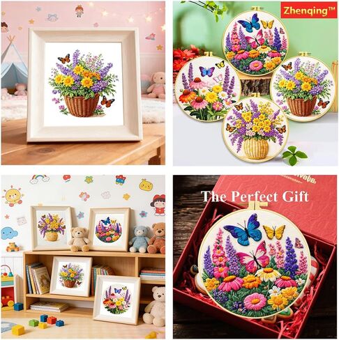 Zhenqing Butterfly Flower Embroidery Kit 4 Pack, Beginner Floral Craft Set with 20cm Hoop, Printed Patterns on 29x29cm Cotton Fabric, DIY Nature Design (JC0083) in Kuwait