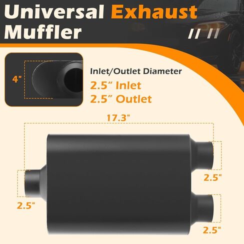 A-KARCK Universal Exhaust Muffler 2.5" Center Inlet 2.5" Dual Outlet, 17.3" Overall Length Aluminized Steel Aggressive Sound Race Muffler for Cars, Trucks (Black) in Kuwait