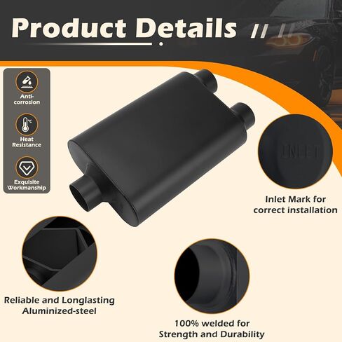 A-KARCK Universal Exhaust Muffler 2.5" Center Inlet 2.5" Dual Outlet, 17.3" Overall Length Aluminized Steel Aggressive Sound Race Muffler for Cars, Trucks (Black) in Kuwait