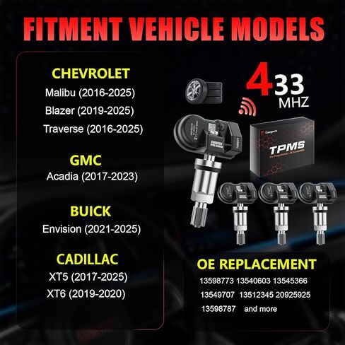 Pre-Programmed 433MHz TPMS Sensor for Chevrolet Malibu/Traverse (2016-2025), Blazer (2019-2025), GMC Acadia (2017-2023), Buick Envision, Cadillac XT5/XT6, Replace OE 13598773, 13540603, 4-Pack in Kuwait