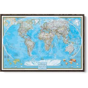 Framed Classic World Map with Pins – National Geographic Canvas Travel Map – Personalized World Wall Decor – Brown Float Frame – 24" x 36" in Kuwait