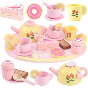 Tea Party Set Wooden Tea Sets for Toddlers 3-5 Play Food Pretend Play Toys Kids Tea Set for Girls 6-8 Birthday Gift Wooden Tea Party Set for Little Girls 3 4 5 6 Years Old Outdoor Tea Time Game in Saudi Arabia