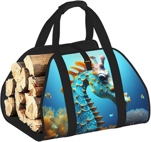 Blue Seahorse Firewood Carrier Bag-Heavy Duty Canvas Log Tote, Waterproof Wood Hauler With Padded Handles in Kuwait