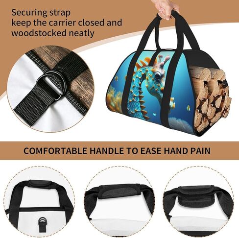 Blue Seahorse Firewood Carrier Bag-Heavy Duty Canvas Log Tote, Waterproof Wood Hauler With Padded Handles in Kuwait
