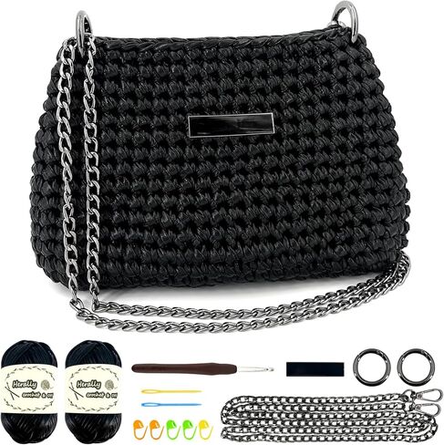 حقيبة Herally Crochet Kit التي يمكنك صنعها بنفسك للمبتدئين - تتضمن الخيوط والخطاف والإكسسوارات - مع دروس فيديو خطوة بخطوة - حقيبة كروشيه باللون الأسود in Kuwait