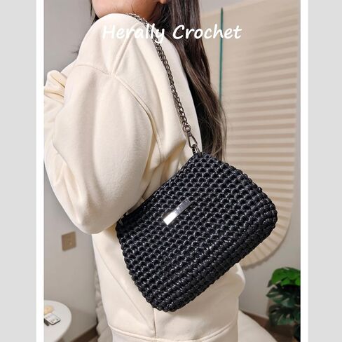 حقيبة Herally Crochet Kit التي يمكنك صنعها بنفسك للمبتدئين - تتضمن الخيوط والخطاف والإكسسوارات - مع دروس فيديو خطوة بخطوة - حقيبة كروشيه باللون الأسود in Kuwait