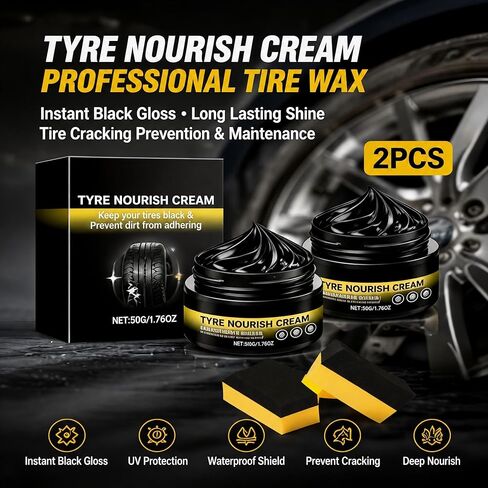 Tyre Nourish Cream, Professional Car Tire Wax for Instant Black Gloss and Long Lasting Shine, UV Protection and Waterproof Refurbish Coating for Tire Cracking Prevention and Maintenance (2PCS) in Kuwait