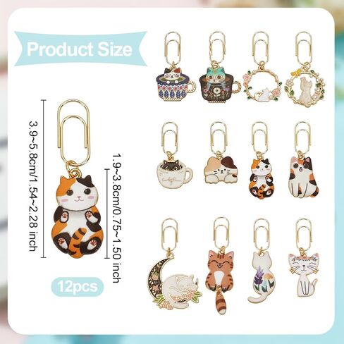OLYCRAFT 12 قطعة مشبك ورق على شكل قطة مقاس 1.5 ~ 2.3 بوصة مشبك ورق معدني مع قطة من المينا سبيكة مع علامة على شكل قمر مشبك ورق لفرز وتنظيم الملاحظات الورقية - 12 نمطًا in Kuwait
