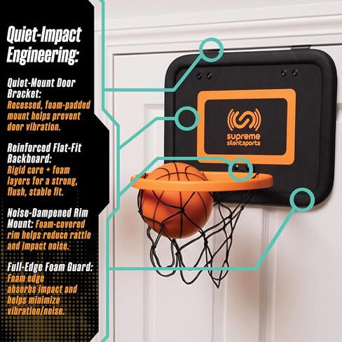 Supreme Silent Sports Basketball Hoop & Quiet Mini Ball | Indoor Premium Over the Door Hoop, Noise Dampening Rim & Soft Backboard with Net, Kids Toys & Games, Gift for Teen Boys & Girls, 6+ Year Olds in Kuwait