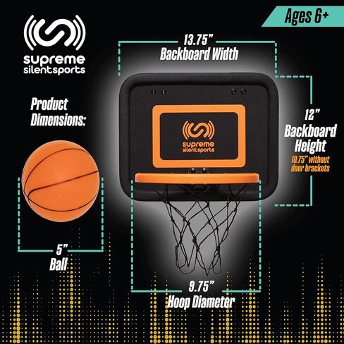 Supreme Silent Sports Basketball Hoop & Quiet Mini Ball | Indoor Premium Over the Door Hoop, Noise Dampening Rim & Soft Backboard with Net, Kids Toys & Games, Gift for Teen Boys & Girls, 6+ Year Olds in Kuwait