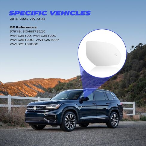 زجاج مرآة مُسخن على الجانب الأيمن للراكب مع نقطة عمياء متوافق مع 2018-2026 VW Atlas، 2020-2026 VW Atlas Cross Sport، يستبدل 3CN857522 in Kuwait