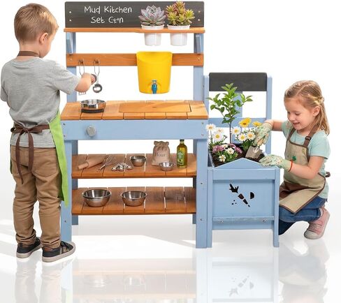 Ktaxon Outdoor Mud Kitchen with Planter Box, Kids Wooden Play Kitchen Set with Sink, Stove, Pots, Shelf and Accessories, Backyard Pretend Play for Toddlers Ages 3+ in Kuwait