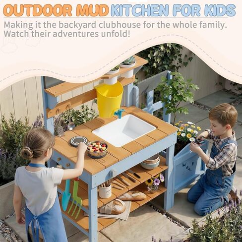 Ktaxon Outdoor Mud Kitchen with Planter Box, Kids Wooden Play Kitchen Set with Sink, Stove, Pots, Shelf and Accessories, Backyard Pretend Play for Toddlers Ages 3+ in Kuwait