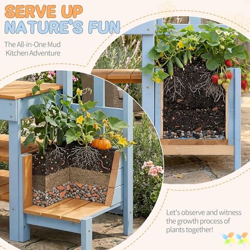 Ktaxon Outdoor Mud Kitchen with Planter Box, Kids Wooden Play Kitchen Set with Sink, Stove, Pots, Shelf and Accessories, Backyard Pretend Play for Toddlers Ages 3+ in Kuwait