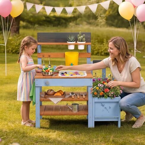 Ktaxon Outdoor Mud Kitchen with Planter Box, Kids Wooden Play Kitchen Set with Sink, Stove, Pots, Shelf and Accessories, Backyard Pretend Play for Toddlers Ages 3+ in Kuwait