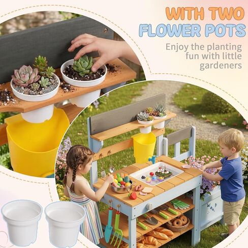 Ktaxon Outdoor Mud Kitchen with Planter Box, Kids Wooden Play Kitchen Set with Sink, Stove, Pots, Shelf and Accessories, Backyard Pretend Play for Toddlers Ages 3+ in Kuwait