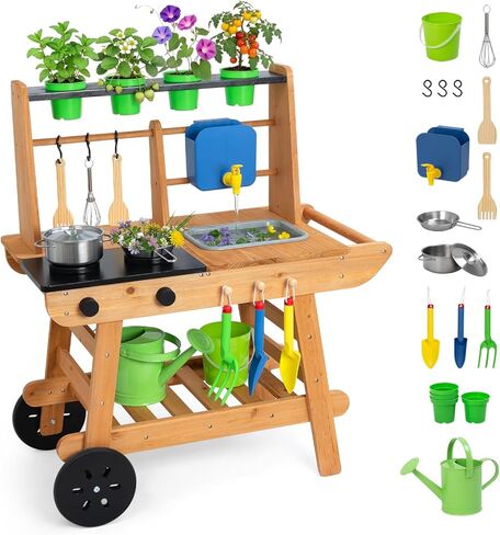 Mud Kitchen for Kids Outdoor with Wheels, Wooden Outdoor Play Kitchen with Removable Sink, Flipable Stove, Ideal Toy for Toddlers Ages 3+ in Kuwait