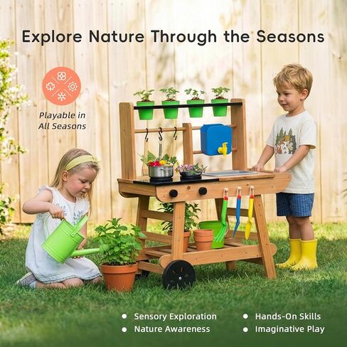Mud Kitchen for Kids Outdoor with Wheels, Wooden Outdoor Play Kitchen with Removable Sink, Flipable Stove, Ideal Toy for Toddlers Ages 3+ in Kuwait