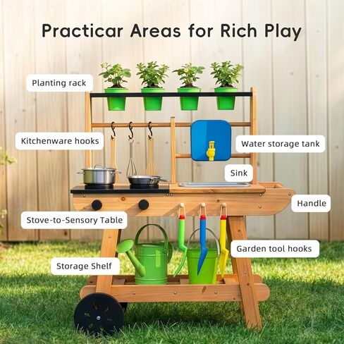 Mud Kitchen for Kids Outdoor with Wheels, Wooden Outdoor Play Kitchen with Removable Sink, Flipable Stove, Ideal Toy for Toddlers Ages 3+ in Kuwait