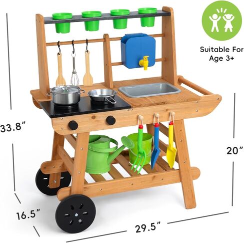 Mud Kitchen for Kids Outdoor with Wheels, Wooden Outdoor Play Kitchen with Removable Sink, Flipable Stove, Ideal Toy for Toddlers Ages 3+ in Kuwait